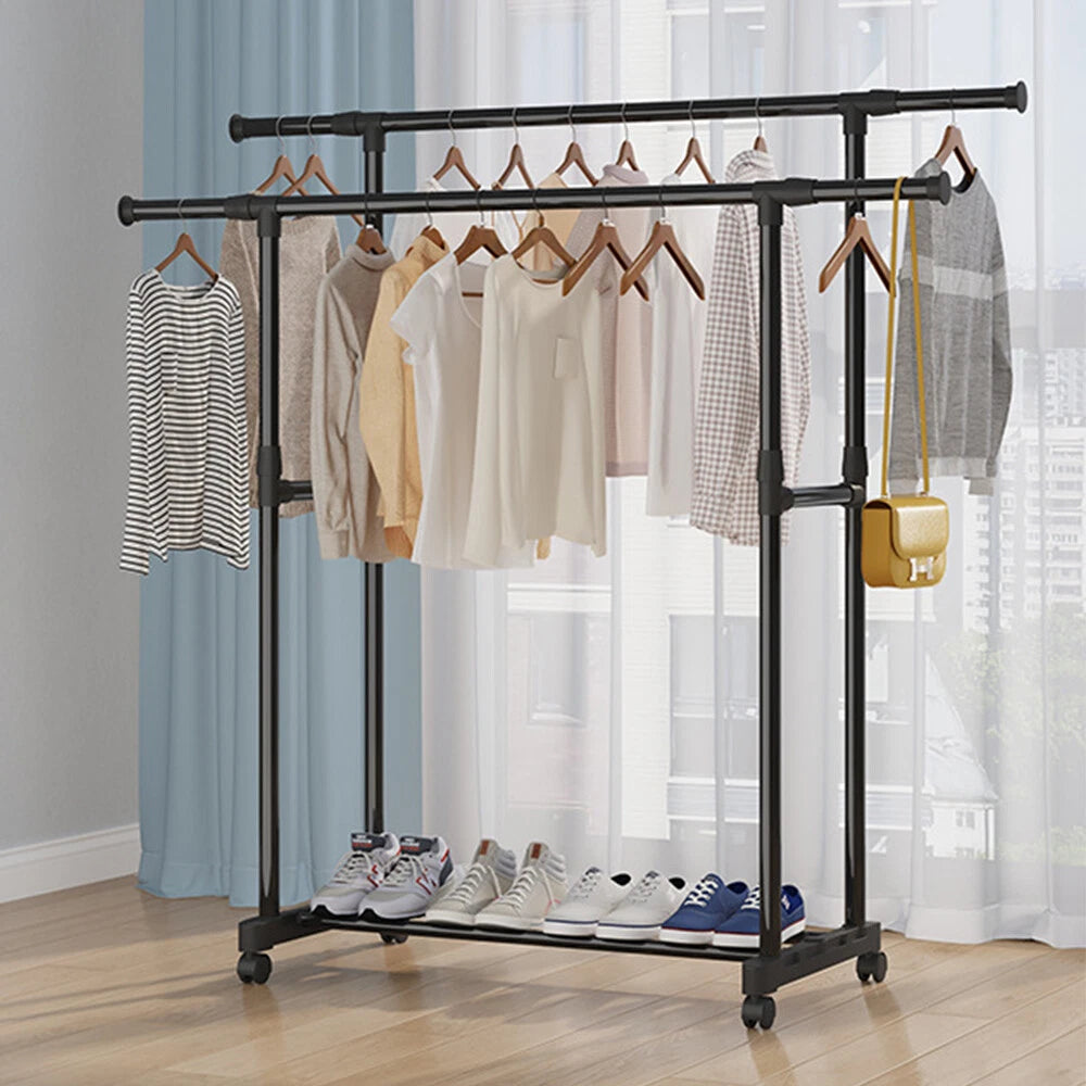 Black Double Rods Garment Rack with Wheels, Clothing Rack for Hanging Clothes,Multi-Functional Bedroom Clothes Rack,Clothing Rack with Shelves,Rolling Closet Organizer Rack