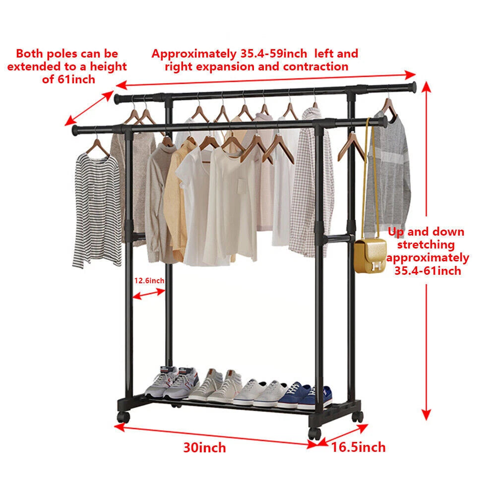 Black Double Rods Garment Rack with Wheels, Clothing Rack for Hanging Clothes,Multi-Functional Bedroom Clothes Rack,Clothing Rack with Shelves,Rolling Closet Organizer Rack