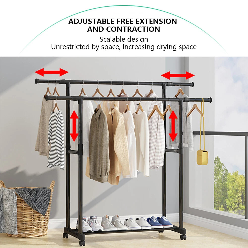 Black Double Rods Garment Rack with Wheels, Clothing Rack for Hanging Clothes,Multi-Functional Bedroom Clothes Rack,Clothing Rack with Shelves,Rolling Closet Organizer Rack