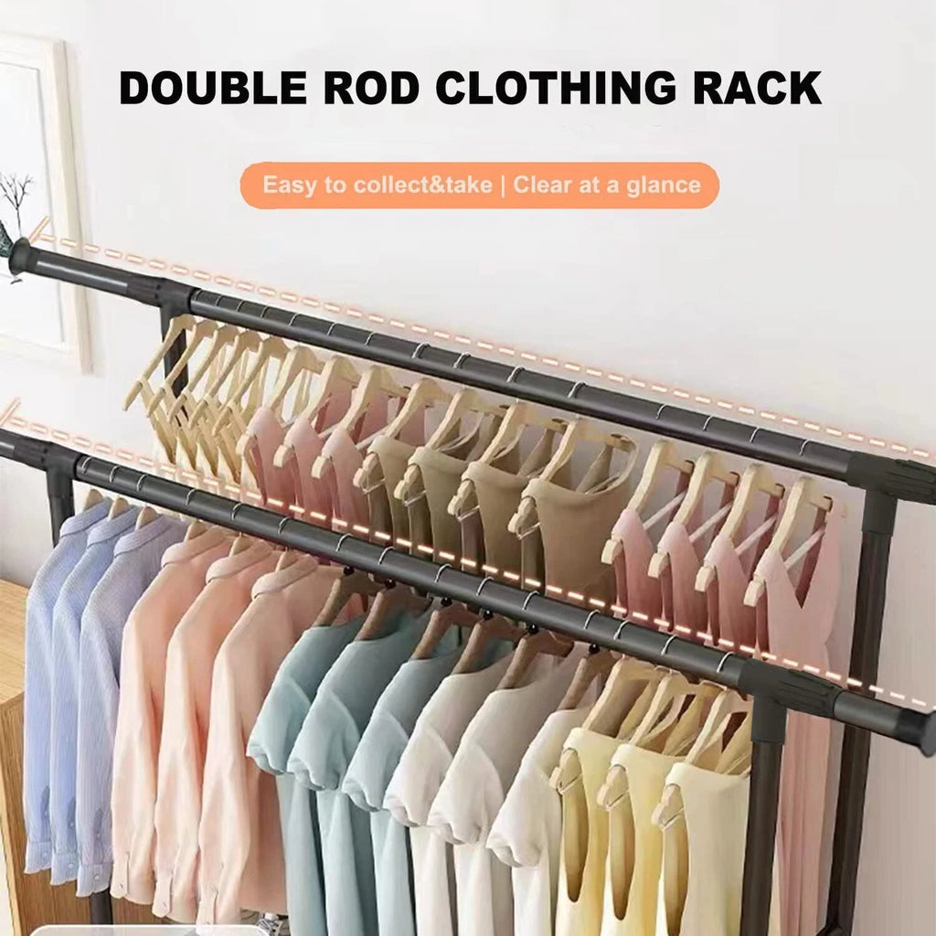 Black Double Rods Garment Rack with Wheels, Clothing Rack for Hanging Clothes,Multi-Functional Bedroom Clothes Rack,Clothing Rack with Shelves,Rolling Closet Organizer Rack