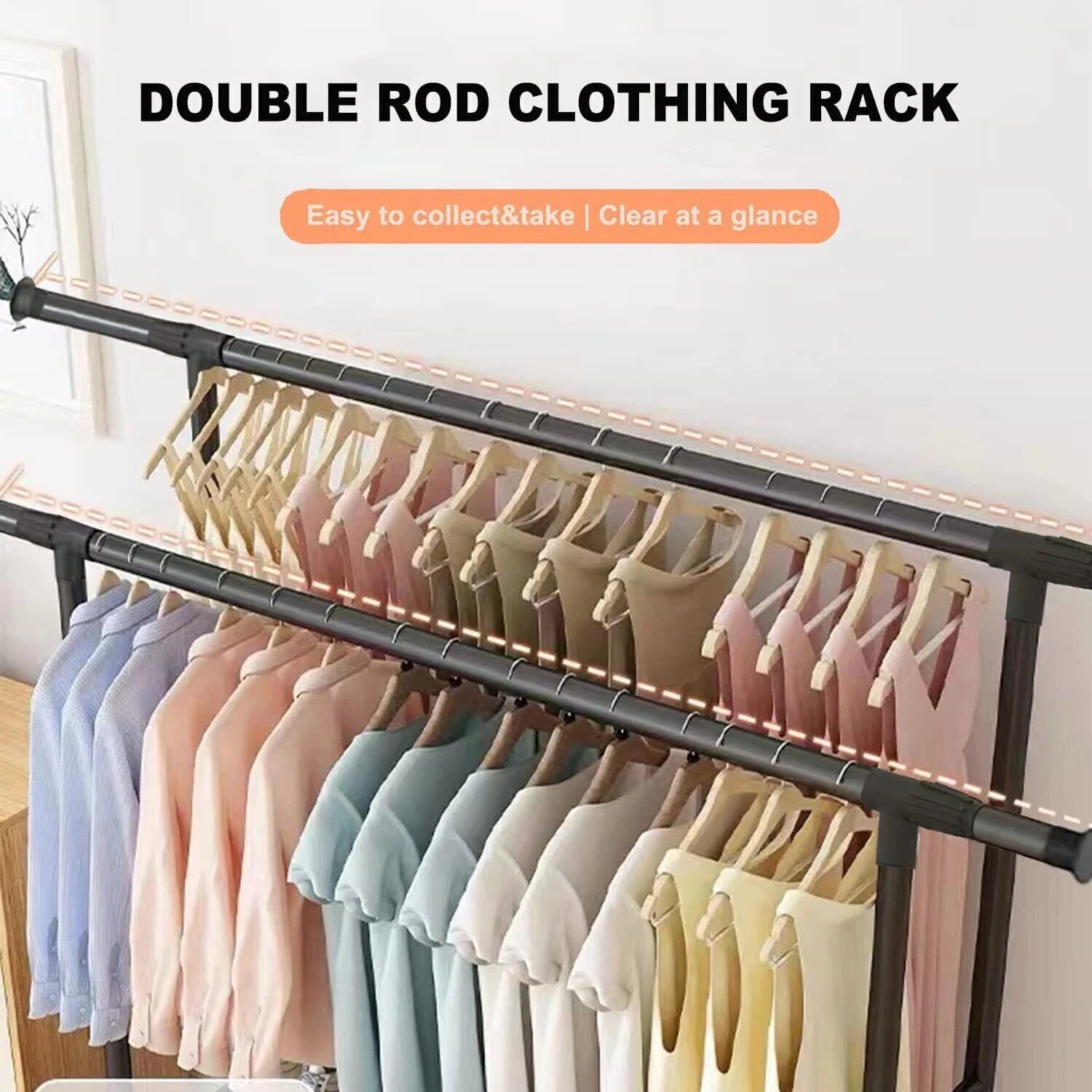 Black Double Rods Garment Rack with Wheels, Clothing Rack for Hanging Clothes,Multi-Functional Bedroom Clothes Rack,Clothing Rack with Shelves,Rolling Closet Organizer Rack