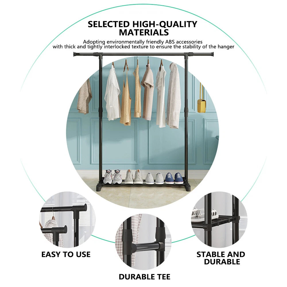 Black Double Rods Garment Rack with Wheels, Clothing Rack for Hanging Clothes,Multi-Functional Bedroom Clothes Rack,Clothing Rack with Shelves,Rolling Closet Organizer Rack