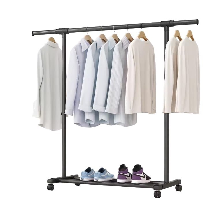Black Double Rods Garment Rack with Wheels, Clothing Rack for Hanging Clothes,Multi-Functional Bedroom Clothes Rack,Clothing Rack with Shelves,Rolling Closet Organizer Rack